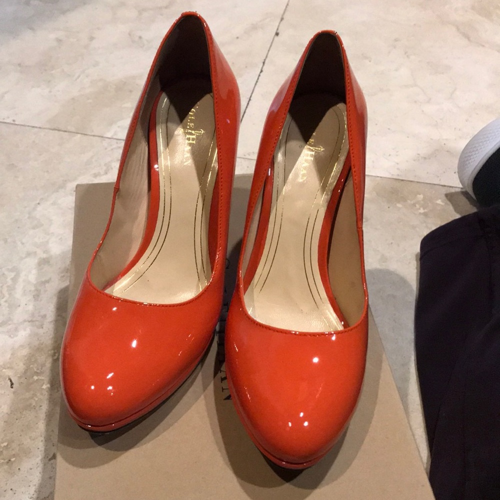 Orange patent leather heels